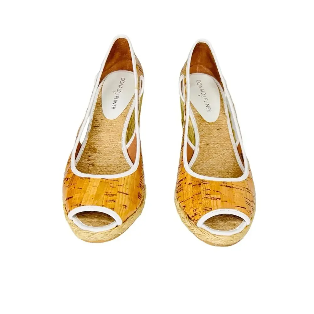 Donald Pliner Shoes 6.5M Charlot Cork Espadrille Wedge Peep Toe Tan White Resort